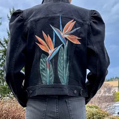 Vivid Strelitzia - Painted Denim Jacket - Fresh Flowers Bellevue