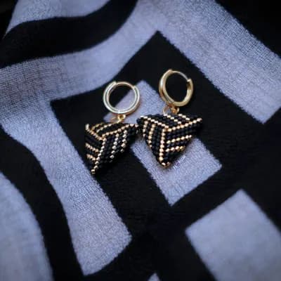 Black and Gold Triangle Beaded Earrings - 18K Gold Plated Hoops - Fresh Flowers Bellevue