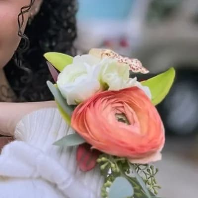 Vibrant Orange and Green Wrist Corsage - Fresh Flowers Bellevue
